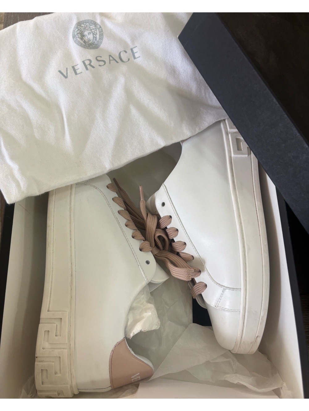 Versace White Leather Sneakers with Blush Laces